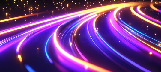 Obraz premium Vivid Purple, Blue, and Gold Streaks of Light in Curved Space, Creating Depth and Perspective
