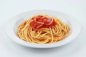 Spaghetti with tomato sauce on white plate. Neural network AI generated