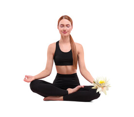 Woman meditating with beautiful lotus flower in her hand on white background. Padmasana (yoga lotus...