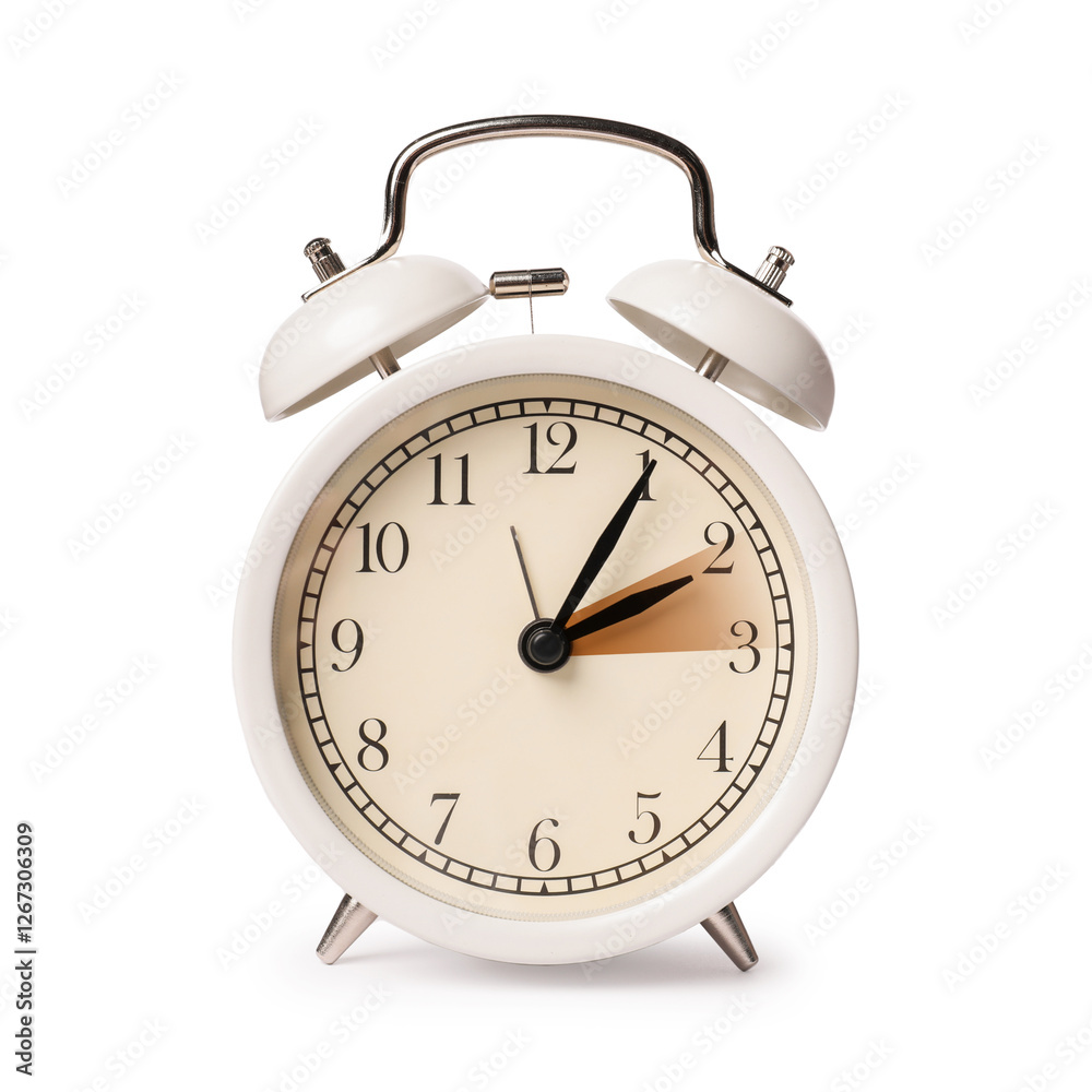 Poster Daylight saving time. Alarm clock on white background. Highlighted area showing time change by one hour forward