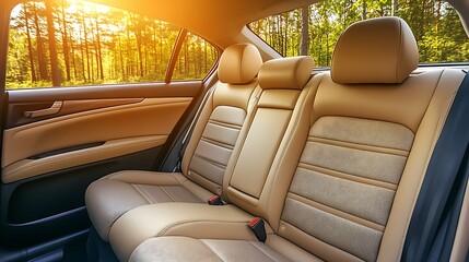 Luxurious car interior with beige leather seats, illuminated by warm sunset light.