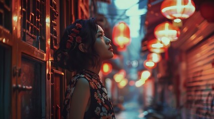 Obraz premium Elegant Woman in Lantern-Lit Street at Night
