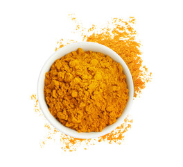 Turmeric powder isolated on white, top view. Aromatic spice