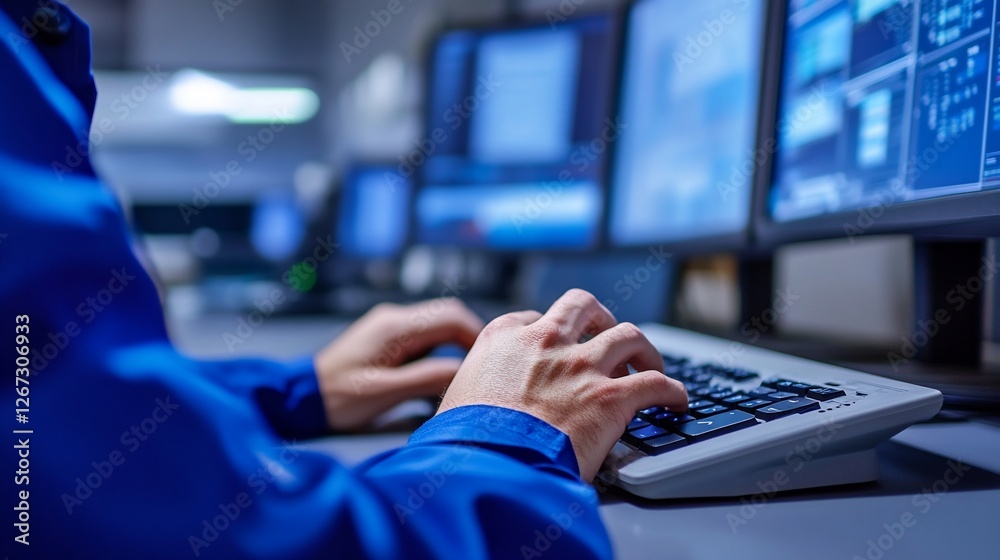 Wall mural technician working on multiple computer screens in a modern control room