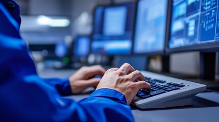 Technician working on multiple computer screens in a modern control room