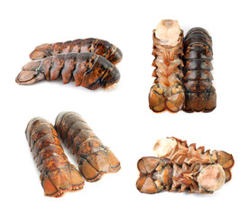 Tails of fresh lobsters isolated on white, set