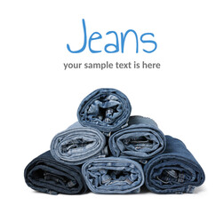 Different rolled jeans on white background. Design with space for your text