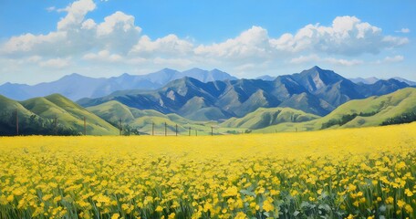 Yellow flower field, mountain view, sunny day, travel poster