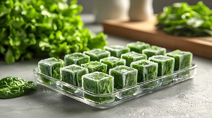 Crisp Lush Nutritious, Artfully Arranged Frozen Spinach Cubes in Elegant Glass Tray with Leafy Textures