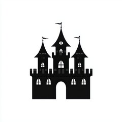 Obraz premium Black Silhouette of Fairytale Castle Medieval Fortress Fantasy Architecture Illustration
