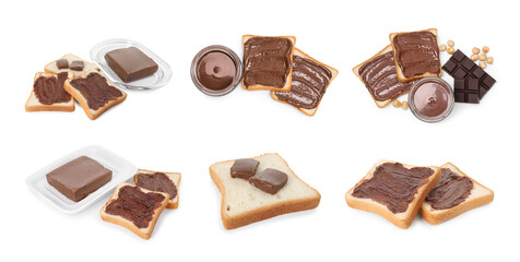 Chocolate butter. Bread slices with tasty spread on white background