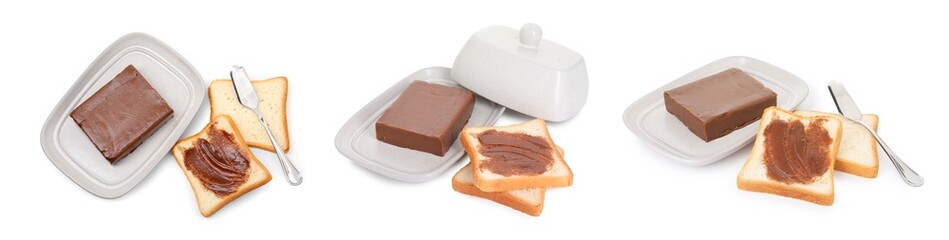 Chocolate butter. Bread slices with tasty spread on white background