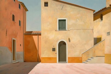 Fototapeta premium A quiet sunlit courtyard with warm-toned buildings, minimalistic architecture, and a serene atmosphere.