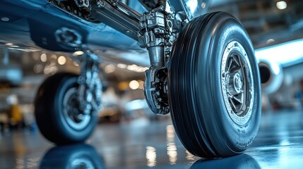 Private jet landing gear, hangar, maintenance, reflection, travel