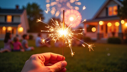 Close-up of a hand holding a sparkling firework with vibrant fireworks in the background during a suburban backyard celebration, U.S. Independence Day concept.