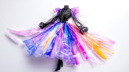 Futuristic Fashion Dress Design with Sheer Sleeves and Colorful Iridescent Skirt on White Background