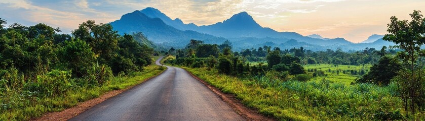 Scenic Asphalt Road Winding Through Lush Green Tropical Landscape with Majestic Mountains at Sunset