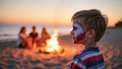 Little boy with eagle face paint gazing at bonfire on the beach at dusk, celebrating U.S. Independence Day with family, joyful summer gathering. July 4th.