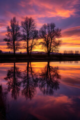 Fototapeta premium Tranquil Sunset Over Serene Lake with Reflective Waters and Tree Silhouettes in Warm Evening Light