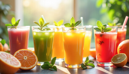 Fototapeta premium Assortment of fresh fruit juices in vibrant glassware on a sunny kitchen counter, celebrating World Health Day concept.
