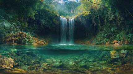 Lush jungle waterfall cascades into crystal-clear pool; serene nature background for travel brochure