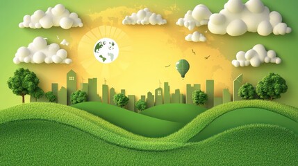 Green city skyline sunrise, eco-friendly environment, sustainable future
