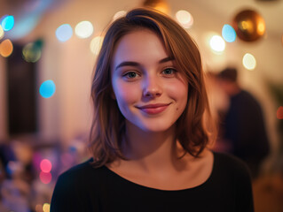 Portrait of a beautiful woman at party with defocused light