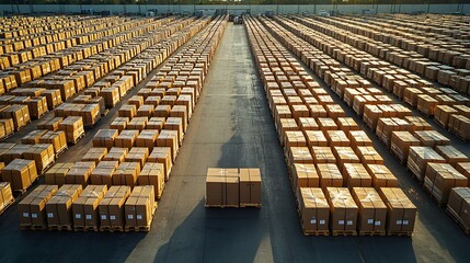 Courier Convenient Loading Standards, Endless Rows of Brown Packages on Pallets in an Industrial Storage Facility