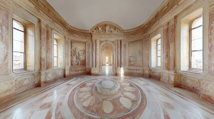 Obraz premium Circular Palace Room, Interior Design, Marble Floor, Frescoed Walls, Sunlight