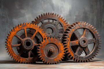 Rusty gears interlocked, showing signs of age and wear, against a textured background.