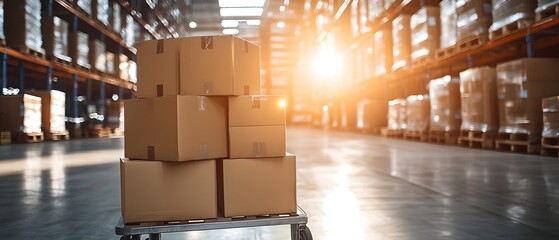 Courier Convenient Loading Standards, Stacked Boxes on Rolling Cart in Sunlit Modern Warehouse Interior
