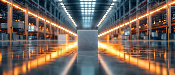 Obraz premium Courier Convenient Loading Standards, Selective Focus on Solitary Box on Reflective Warehouse Floor with Glowing Lighting Strips