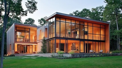 Obraz premium European modern residence with a cube-like design, wooden exterior cladding, and large glass panels offering a sleek architectural style