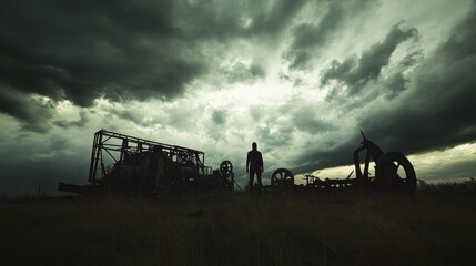 Fototapeta premium A Solitary Figure Amidst Abandoned Machinery Under Dramatic Sky