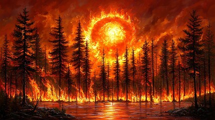 Fiery sunset over burning forest lake