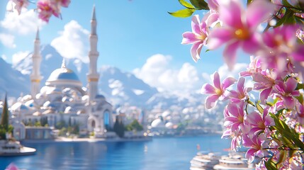 Aerial View of a Dome Covered Cityscape with White Buildings and Turquoise Domes against Snowy Mountains and Sky Enhanced by Pink Flowers