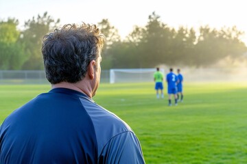 Coach observing players during early morning soccer practice on a field