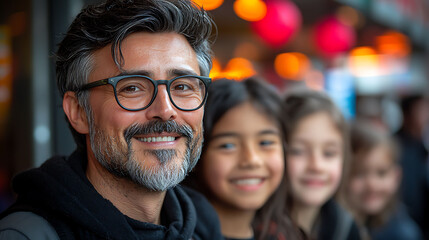 Fototapeta premium Happy father with two daughters in a city setting. A heartwarming image conveying family, joy, and urban life. Perfect for themes of family, togetherness, and city adventures.