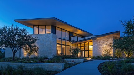 Front view of a stylish European residence with a sleek facade, sharp geometric lines, and warm lighting highlighting its modern architecture