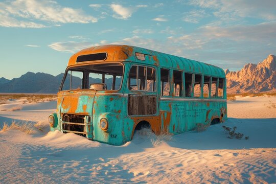 A rusty, teal-colored bus abandoned in a desert landscape under a vibrant sunset sky.