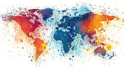 Colorful watercolor world map; global connection; abstract background; website banner