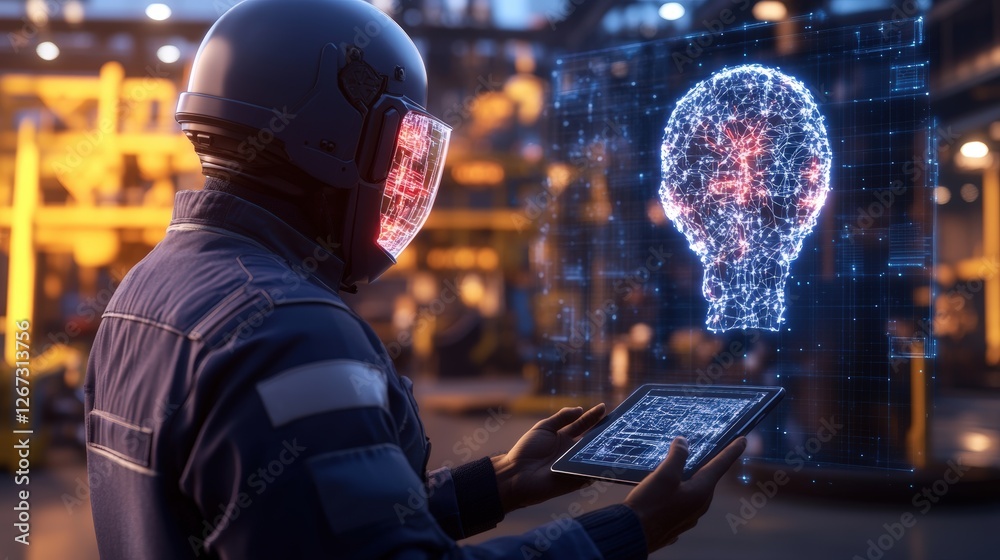 Poster man in helmet analyzing holographic brain data on tablet with another man holding similar device