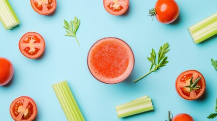 Glass of vibrant red tomato juice with a celery stalk, surrounded by fresh tomatoes, on a light pastel background.