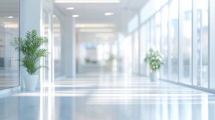 An empty hallway with plant in vase. Blurred focus on white open. Interior of an office with a blue background and a white space. A vacant corridor featuring lifestyle a potted plant.