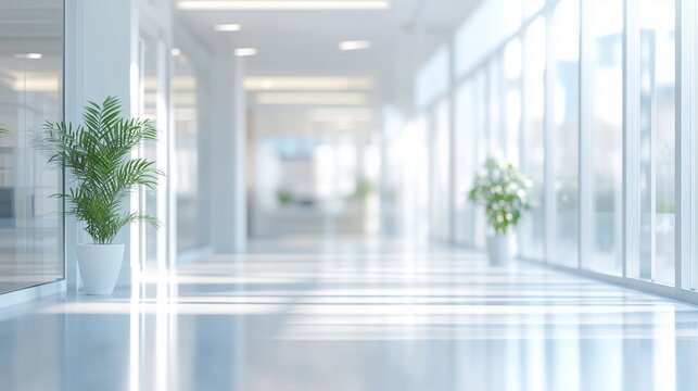 An empty hallway with plant in vase. Blurred focus on white open. Interior of an office with a blue background and a white space. A vacant corridor featuring lifestyle a potted plant.