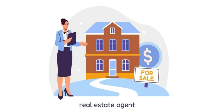Real estate purchase. Moving banner with woman broker or real estate agent showing house for sale to clients, visitors or buyers. Buying property. Cartoon style graphic animated video clip