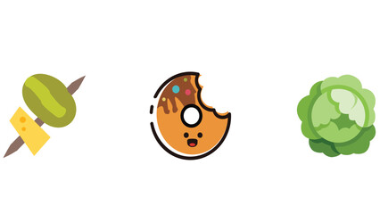 Food and fruits vector icon set for children stories and coloring books