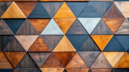 Obraz premium Close-up of a geometric wood wall with interlocking triangular panels in earthy tones, creating a stylish and decorative background