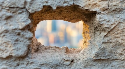 Close-up of a textured grey concrete wall, a rectangular hole revealing a blurred cityscape in the background, dramatic lighting enhances the cracks