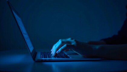 Hands type on a laptop keyboard bathed in blue light, working late into the night in a dark room, focused and immersed in the task.